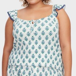 Roller Rabbit White Floral-Print Sleeveless Pajama Top in Teal & Blue